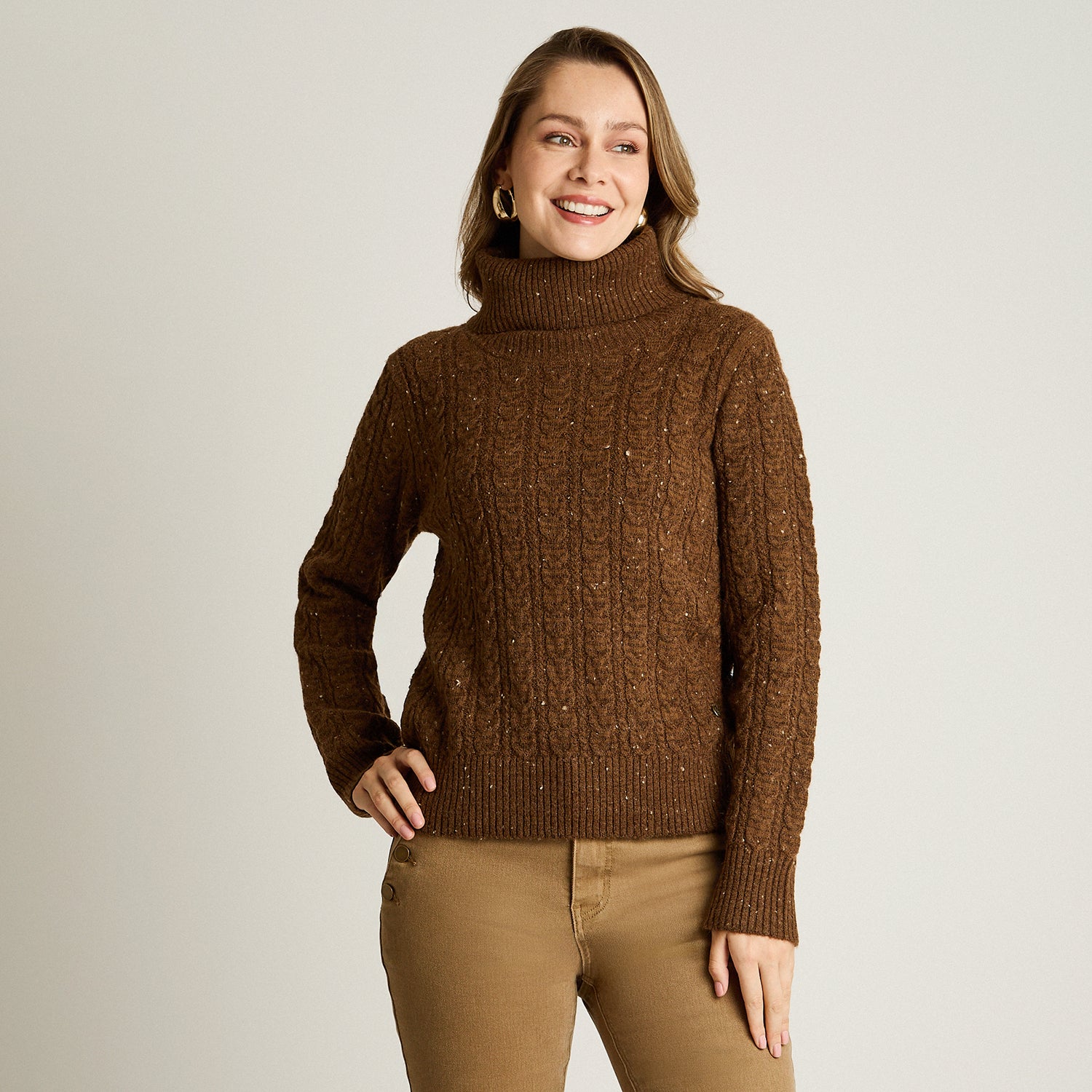 Sweater Cafe Manga Larga Elasticidad Media Sin Forro Calce Normal Tela Tejido